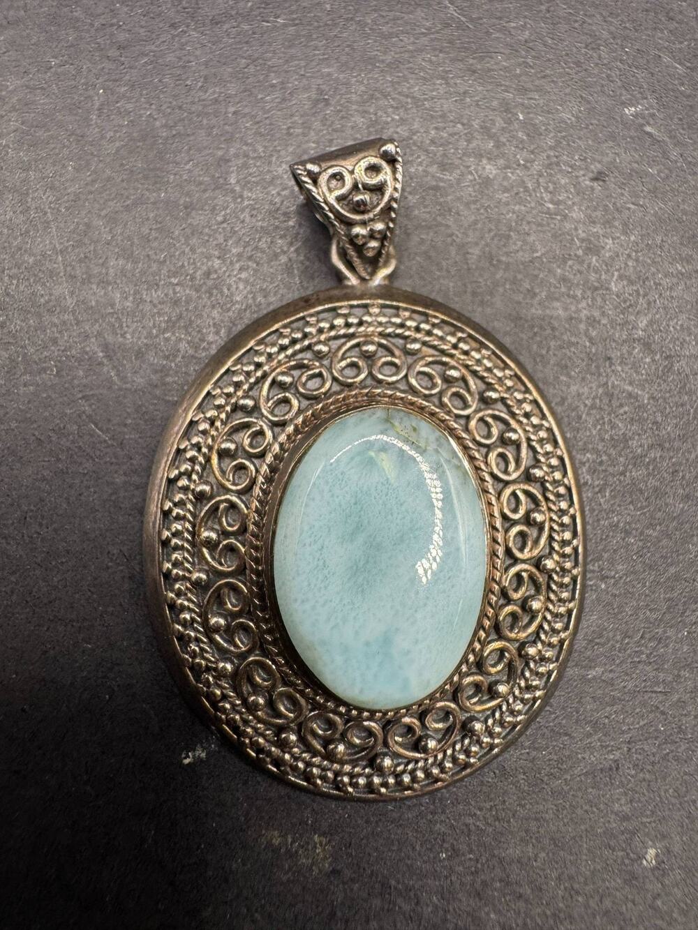 Sterling Silver 925 SJC Oval Larimar Pendant Filigree Detailed Blue Gemstone